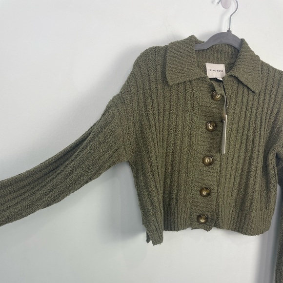 Green Cropped Sweater Button Down Size Extra Small - Picture 4 of 8